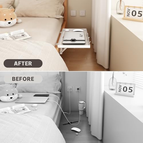 Magheo Foldable Bedside Shelf, Metal Clip-On Bunk Bed Table Shelf for Top Bunk Heavy Duty Bed Side Table Tray for College Dorm Room Essentials, Loft Nightstand Organizer Tray with 3 Cord Hole(White) - color: White, size: 14.76" x 9.68" x 0.79"