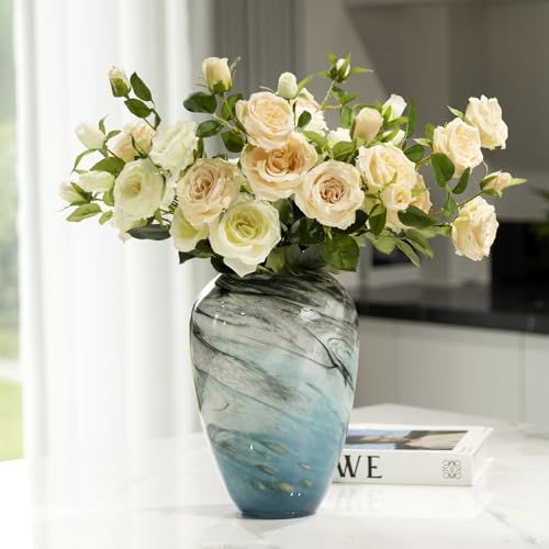 11" H Teal Glass Vases for Flowers, Unique Hand Blown Glass Vase Blue Home Decor, Wide Mouth Colorful Flower Vase Centerpieces, for Living Room Table Bookshelf, Bathroom Office Shelf Decorative