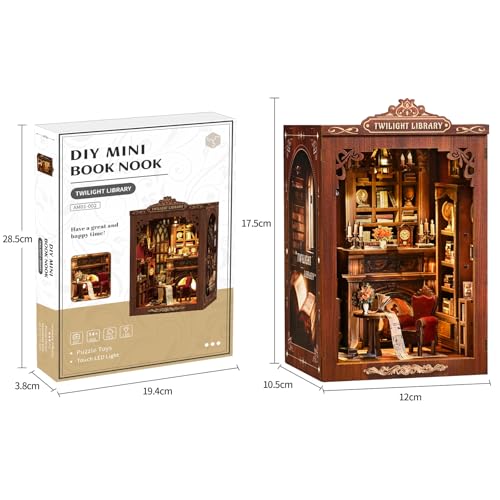 Twilight Library Book Nook Kit - DIY Miniature Dollhouse with LED Warm Light, 3D Wooden Puzzle Bookends, Immersive Miniature, Stress Relief Craft Gift for Adults Teens, Aesthetic Home Decor - style: Twilight Library