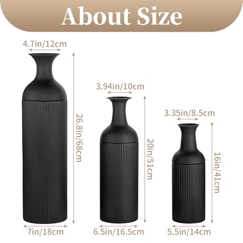 Sziqiqi Black Tall Floor Vase: Large Ribbed Metal Vases 27/20/16in for Living Room, Modern for Pampas Grass, Oversized Standing Vase for Fireplace, Home Corner, Hallway, Office - color: Black