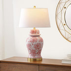 JONATHAN Y 29.5" Red/White Ceramic Table Lamp for Living Room and Office, White Linen Drum Shade, Traditional Chinoiserie Ginger Jar Lamp, LED Bulb Included (JYL3008C) - color: Red/White