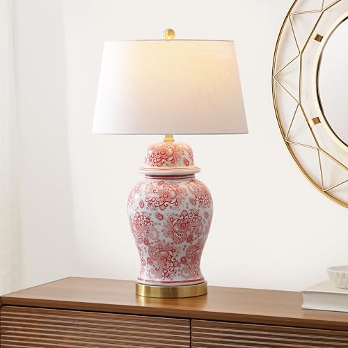JONATHAN Y 29.5" Red/White Ceramic Table Lamp for Living Room and Office, White Linen Drum Shade, Traditional Chinoiserie Ginger Jar Lamp, LED Bulb Included (JYL3008C) - color: Red/White