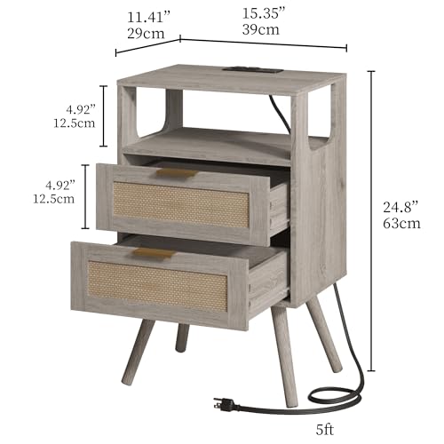 JOONEE Rattan Nightstand with Charging Station,Farmhouse Bedside Table with 2 Storage Drawer and Open Wood Shelf, for Bedroom and Small Spaces,Night Stand with Solid Wood Legs (Grey Oak-Outlet) - color: Grey Oak-outlet
