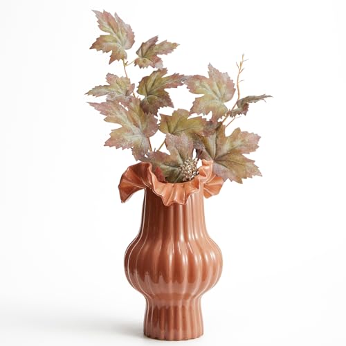 WDS WONDROUS Art Flower Vase for Kitchen Home Decor, Caramel Ruffled Glass Vase with Vertical Lines for Bouquet, Tall Vases for Flowers Table Centerpiece Dining Room, Housewarming Gift