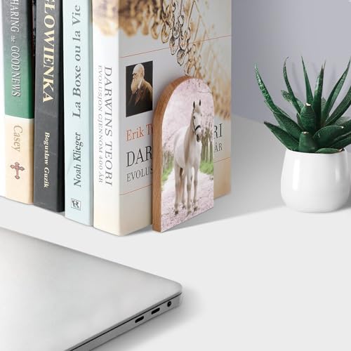 White Horse Book Ends Decorative Wood Bookends for Shelves Kids Room Desk Home Office Book Stoppers for Magazines,Books, DVDs, 1 Pair/2 Pieces(5x3.1 in)