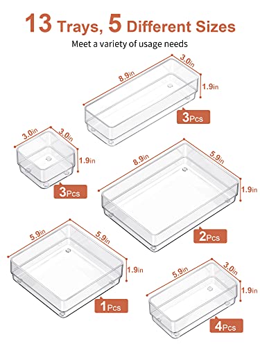 SMARTAKE 13-Piece Drawer Organizer with Non-Slip Silicone Pads, 5-Size Desk Drawer Organizer Trays Storage Tray for Makeup, Jewelries, Utensils in Bedroom Dresser, Office and Kitchen (Clear) - style: 13 PCS