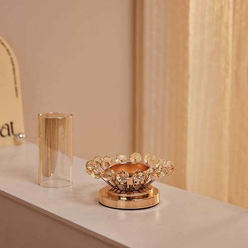 Hurricane Candle Holder, Gold Pillar with Crystal Accents & Windproof Glass Lid - Elegant Centerpiece for Weddings, Dinners, Party Decor - size: X-Small
