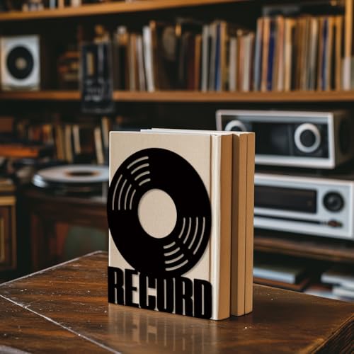 Peacoblue Metal Bookends for Shelves, Modern Decorative Heavy Duty Study Book Support Stoppers for Office, Desk, Shelf, Room 5.3"x4.3"x6.7" Cast Iron Simple Tall Bookends, 1 Pair (Vinyl Records) - style: Vinyl Records