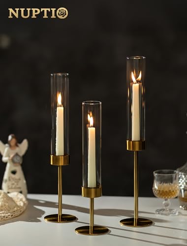 NUPTIO Hurricane Candle Holder for Centerpiece: Set of 6 Gold Taper Candle Holders Bulk - Tall Brass Candlestick Holders with Cylinder Shape Cover for Dinner Table Christmas Decor - size: 6 pcs