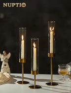 NUPTIO Hurricane Candle Holder for Centerpiece: Set of 6 Gold Taper Candle Holders Bulk - Tall Brass Candlestick Holders with Cylinder Shape Cover for Dinner Table Christmas Decor - size: 6 pcs