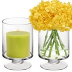 CYS EXCEL Glass Hurricane Pillar Candle Holders (H:8" W:4.75", 2 PCS) | Multiple Size Choices Short Stem Candle Jars | Stemmed Glass Cylinder Candle Vase - size: H-8" W-4.75"