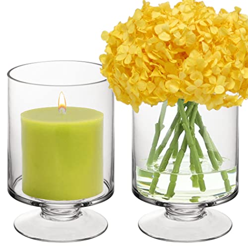 CYS EXCEL Glass Hurricane Pillar Candle Holders (H:8" W:4.75", 2 PCS) | Multiple Size Choices Short Stem Candle Jars | Stemmed Glass Cylinder Candle Vase - size: H-8" W-4.75"