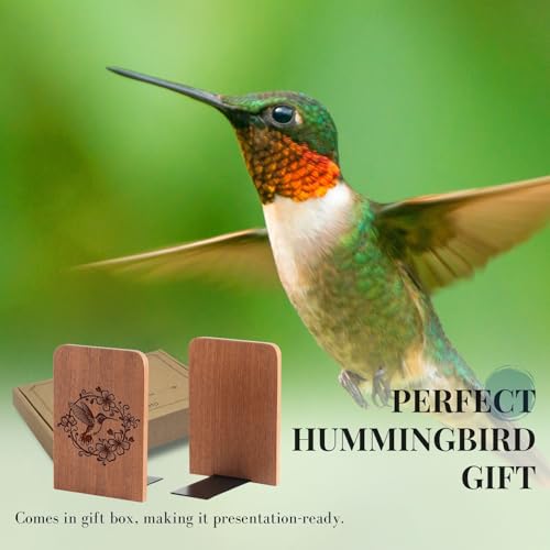 Hummingbird Wood Bookends， Bird Bookends, Gifts for Hummingbird Lovers - Heavy Duty Iron & Ebony Wood Book Ends for Shelves Bookcase Desk - 1 Pair, 4.72x6.69 Inches