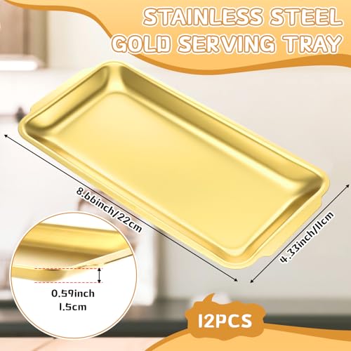 Gold 12 Pcs Small Stainless Steel Serving Tray Bulk 8.66'' x 4.33'' Rectangle Stainless Steel Food Serving Platter with Handle Vanity Tray Decorative Party Plate for BBQ Buffet Appetizer - color: Gold