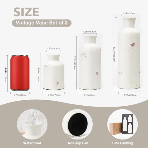 Vintage Ceramic Flower Vase Set of 3, Rustic Farmhouse Vase for Home Decor, Distressed Decorative Vase for Table Entryway Mantel Centerpiece Living Room Bathroom Bedroom (Weathered White) - color: 117-weathered White