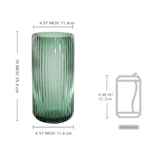8 Inch Tall Emerald Green Glass Vases for Flowers-Vintage Decorative Ribbed Glass Cylinder Vase for Table, Countertops, Shelves, Flower Vase for Home Decor, Wedding Centerpieces, Kitchen - color: Green, size: Small - 8''H