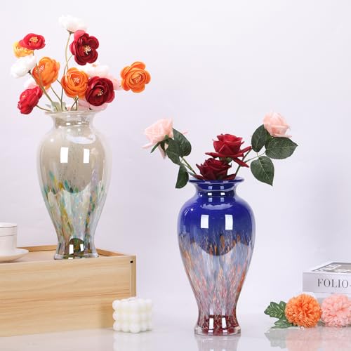 11.8" Tall Blue Glass Vase Beautiful Hand Blown Glass Vase Modern Art Home Decor, Wide Mouth Colorful Vases for Mantle Dining Table Centerpiece, Entryway Living Room Wedding Decoration - color: Blue