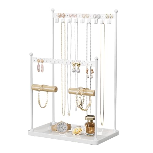 3 Tier white Jewelry Stand, Necklace Organizer, Earring Holder with 44 Holes and 9 Hooks, for Necklaces, Bracelets, Rings - color: White