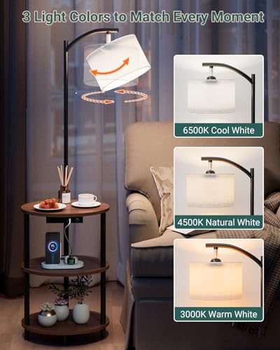 Round Side Table with Lamp and USB Ports, 3-Tier Small End Table for Living Room & Bedroom, Rustic Wood Metal Nightstand for Small Spaces, Easy to Assemble, Rustic Walnut - color: Rustic Walnut, size: 1-Pack, style: Built-in Charging + Lighting