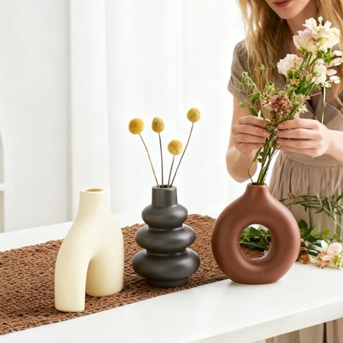 Ceramic Farmhouse Vase Set of 3, Rustic Centerpiece Vases for Fresh Dried Flowers Pampas Grass Bouquets, Boho Home Decor for Living Room Kitchen Entryway Table Mantel, Wedding Decor - color: Multicolor