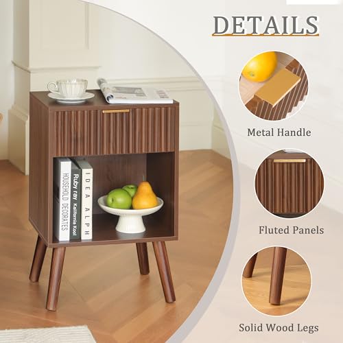 Fultyle Walnut Nightstand, Modern Night Stand with Fluted Drawer and Opening Storage, Wooden Bedside Table with Solid Wood Legs for Bedroom, Living Room, Office (Walnut Brown) - color: Walnut Brown