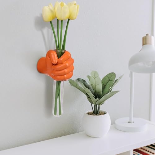 Orange Wall Sculptures, Hand Vases Home Decor, Wall Mount Art Sculpture, Unique Wall Art Statue, Funky Flower Vase Decorations, Modern Eclectic Hanging Decor,Glass Test Tube Vase (Orange) - color: Orange