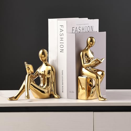 Ceramic Decorative Bookends, Book Ends for Shelves, Home Office Decor Aesthetic Statues Book Holders Stoppers for Bookshelf, Table, Bedroom Living Room Decoration (Gold) - color: Gold