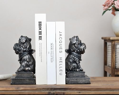 Vintage Antique Dog Bookends,Decorative Book Ends for Shelves,Creative Resin Schnauzer Statues Book Holders for Desk Home Office Bookshelf Decoration,Gifts for Dog Enthusiasts - color: Black