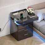 Treocho Led Nightstand with Hidden Space, Modern Night Stand with Charging Station, 3 Drawer Smart Nightstand with Glossy Finish, Tall Bedside Table with RGB Lights for Bedroom, Black - color: Black