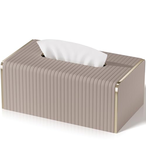 Tissue Box Cover,Beige Rectangle Leather Tissue Box Holders with Gold-Tone Edging Accents,Decorative Tissue Covers for Bathroom Toilet Bedroom Living Room Table Desk Office Car - color: Beige, size: Rectangle Standard