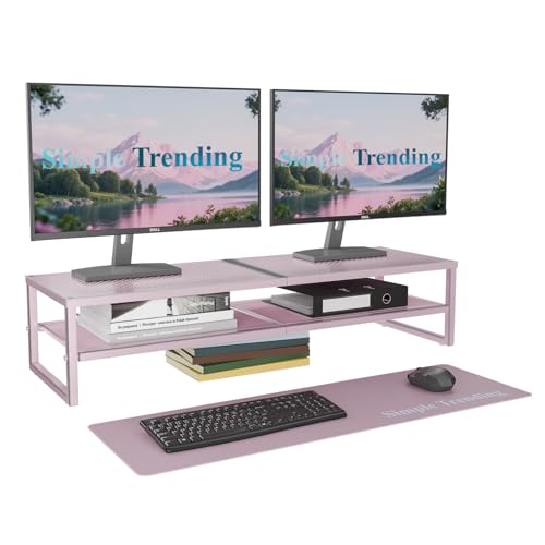 Simple Trending 2 Tier Metal Dual Monitor Stand Riser, Computer Office Desktop Organizer for 2 Monitors with 32"x10" Mouse Pad for Laptop, Printer, TV, Pink - color: Pink, size: 32"L x 10"W x 7"H