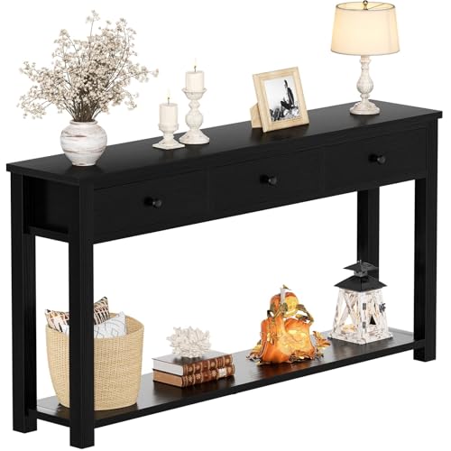 Homieasy Farmhouse Console Table with 3 Drawers, 47 Inch Wood Sofa Table with Storage Shelf for Living Room, Behind Couch, Entryway Table for Hallway, Living Room, or Foyer, Black