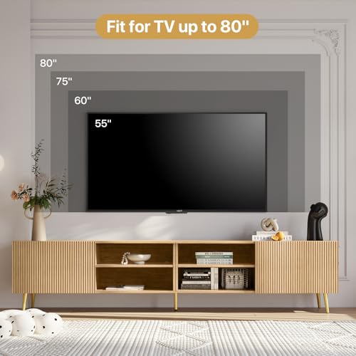 Modern 86in TV Stand for Living Room, Fluted Design Entertainment Center with Adjustable Shelves,Media TV Console Table with Storage for Bedroom,Nature - color: Natural