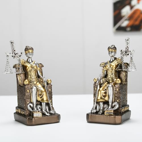 Goddess of Justice Resin Statue Bookend Set of 2 Lady Justice Sculpture - Athena Statue Home Decor, Lawyer Office Desk Organizer, Legal Theme Gift