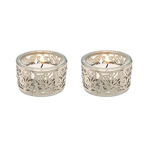 Yair Emanuel Tea Light Candle Holders for Shabbat | Shabbos Candlestick Holders | Glass with Metal Decoration (Pomegranates Silver CSX-1) - color: Pomegranates Silver Csx-1