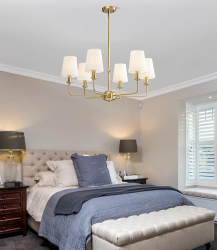 6-Light Brushed Gold Pendant Chandelier with Fabric Shades, E12 Base - Farmhouse & Industrial Style for Kitchen, Living Room, Dining Room, or Bedroom Lighting - color: 6 Light+Brushed Gold