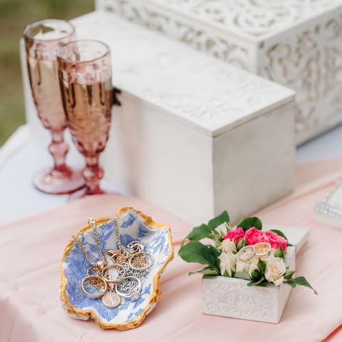 Natural Oyster Ring Trinket Dish Vintage Jewelry Tray for Keys Small Jewelry Holder for Bridal Shower Favors Friends Sisters Daughter Mother Gift Seaside Style Decor(Blue Floral) - style: Blue Floral