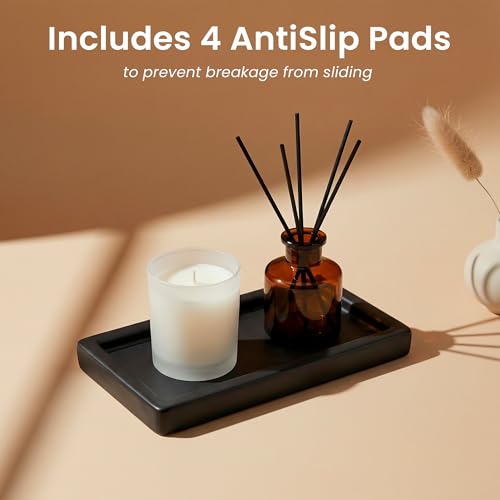 MaisoNovo Black Bathroom Tray Countertop - 7.4x5.1 inch Handcrafted Ceramic Kitchen Tray for Soap Bottles, Perfume, Jewelry - Moisture Resistant - Rectangle Bathroom Dish with 4 Anti-Slip Pads - color: Black Ceramic Tray