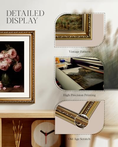 HUARCEY Vintage Rose Flower Gold Framed Canvas Wall Art 13x16 Inch, Classic Floral Vase Still Life Dark Oil Painting Print, Traditional Elegant Living Room Bedroom Kitchen Home Decor - color: Eight Pink Roses, size: 16"L x 13"W
