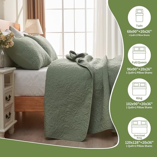 JYHOPE Sage Green Twin Quilt Set 68x90 Lightweight Microfabric Bedspread, 3-Piece Quilt Bedding with Pillow Shams, Summer Cooling Quilts, Ribbon Wrapped Gift - color: Flower Pattern-sage Green, size: Twin(68x90)