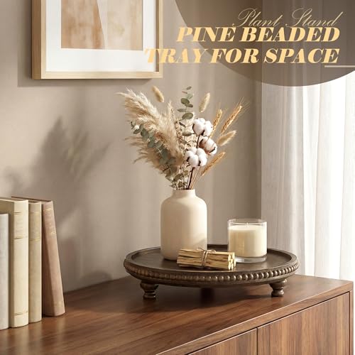 EOSAHR Acacia Wood Beaded Round Display Riser for Boho Decor – 3-Leg Wooden Pedestal Stand for Coffee Table, Cake Stand, Perfume Tray & Vanity Organizer – Riser for Decor (Dark Acacia) - color: Dark Acacia