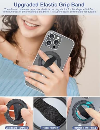 EWA MagOne 3rd Gen [Compatible with MagSafe] Phone Grip Stand with Finger Strap, Removable Magnetic Ring Holder Kickstand Loop for iPhone 17,16,15,14,13,12 Series (Black) - color: Black
