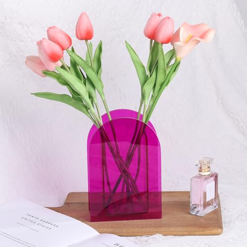Hot Pink Acrylic Vase, Modern Acrylic Geometric Wide Mouth Small vase, Hot Pink Flower Vase for centerpieces Desk Flower Bud vase, for Living Room Table, Office, Wedding - color: Dd