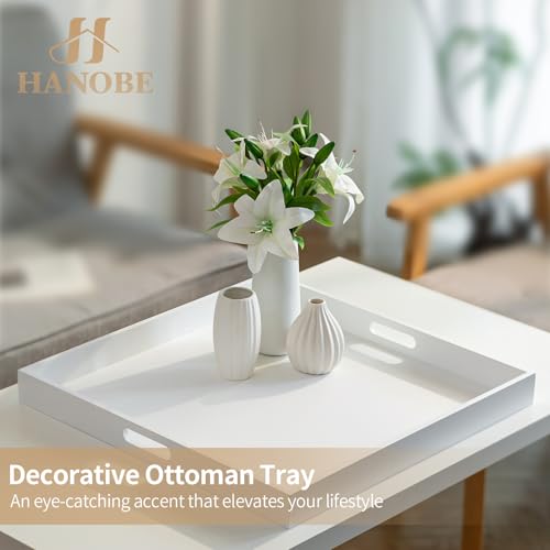 Hanobe Square Large Ottoman Tray: Modern Extra Large White Serving Decorative Trays with Cutout Handles for Living Room Coffee Table Home, 20" - color: White