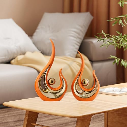 Set of 2 Abstract Statues, Modern Resin Sculptures, Handcrafted Figurines for Living Room and Library, Orange Golden