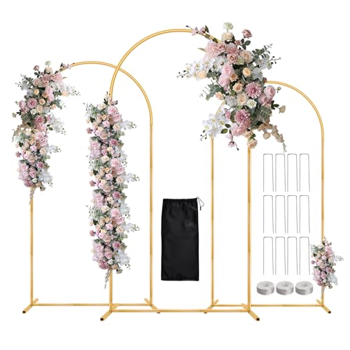 WellSign Balloon Arch Stand,7.2FT, 6.6FT, 6FT Set of 3 Metal Gold Wedding Backdrop Arch Stand Kit for Valentine Baby Shower Engagement Party Event Decoration Garden Floral Balloon Arch with Base - size: 7.2F+6.6FT+6FT