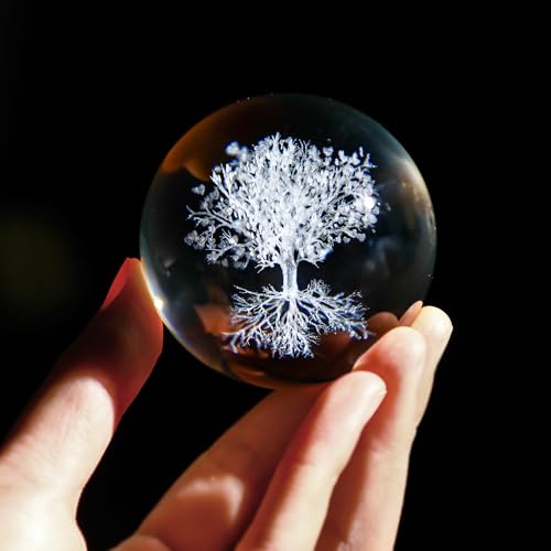 60mm Crystal Ball Paperweight Decorative 3D Laser Engraved Tree of Life Glass Sphere for Home Office Decor - color: Tree of Life