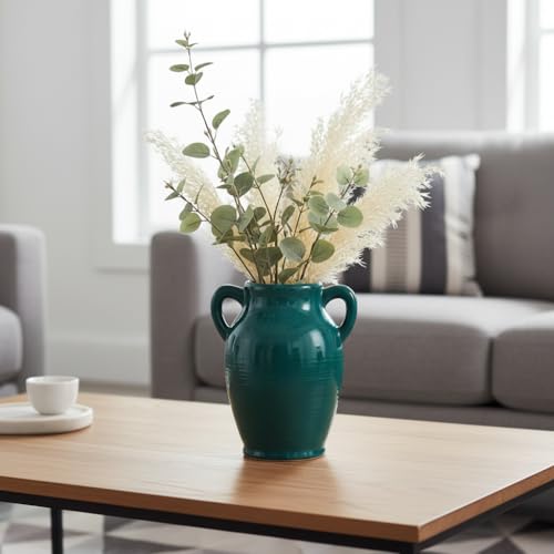Sunddo Modern Ceramic Vase for Decor - 8 Inch Green Decorative Vase with 2 Handles, Pampas Grass Vases for Centerpieces, Living Room,Table Dining, Mantle, Console, Kitchen Decor - color: Dark Green - 8, size: 8 Inch