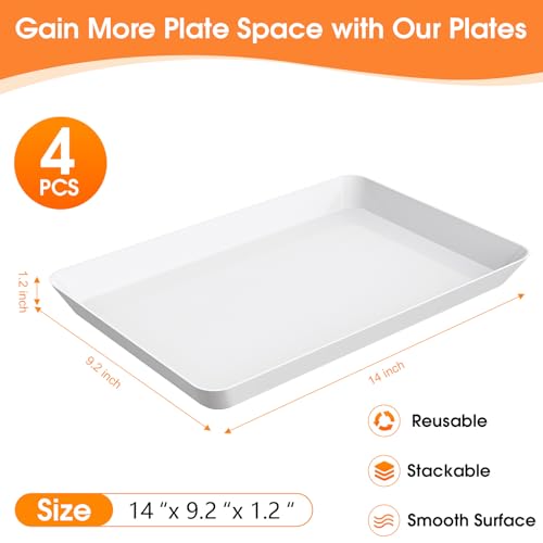 4-Pack Serving Tray, Serving Platter for Parties, Entertaining, Camping & Food Display, Reusable & Stackable Plastic Trays in Kitchen, Rectangular Food Platters for Cookie, Appetizer(White)
