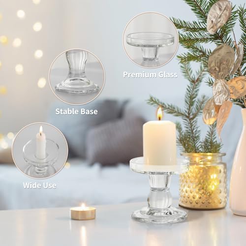 Glass Candle Holders, 3 Pieces Crystal Clear Candlesticks with Elegant Design for Pillar Taper Candle and Tea Light